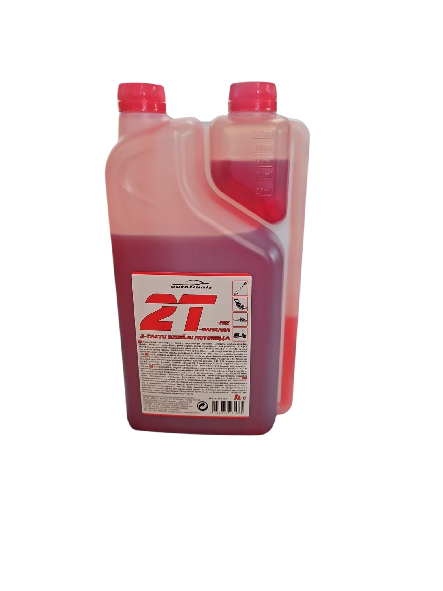 AutoDuals 2T divtaktu dzinēju motoreļļa (sarkana), 1 litrs.
