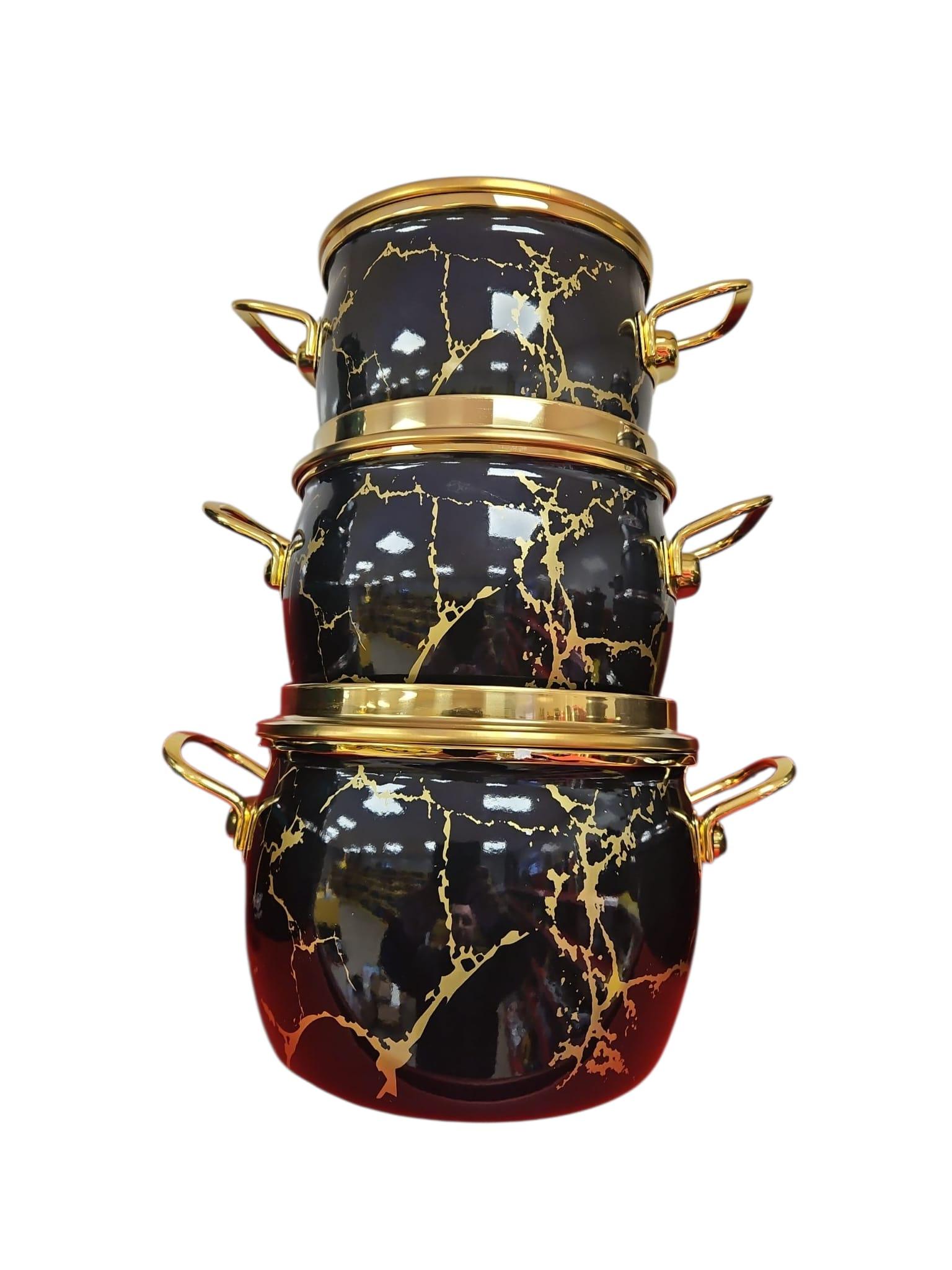 6-daļīgs emaljēto katlu komplekts ar elegantu (melni-zelta dizainu)