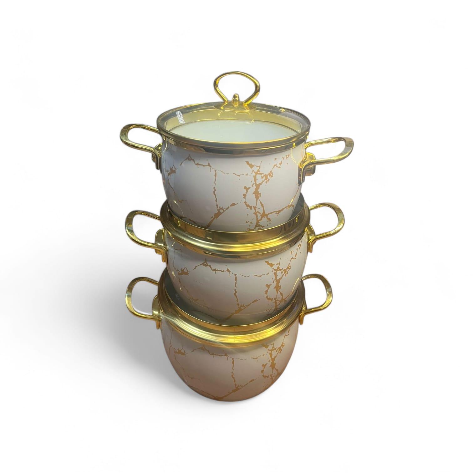 6-daļīgs emaljēto katlu komplekts ar elegantu (baltu-zelta dizainu)