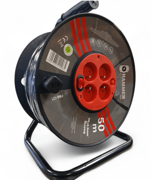 Kabeļu pagarinātājs uz spoles HAMMER HM-121 (50 m, 4 rozetes)