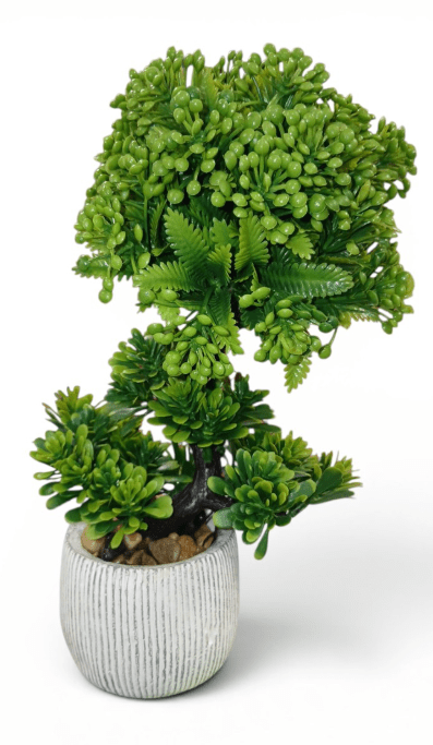 Dekoratīvs mākslīgais bonsai kociņš baltā apaļā podiņā