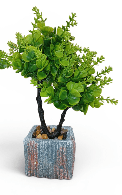 Dekoratīvs mākslīgais bonsai kociņš pelēkbrūnā kvadrātveida podiņā