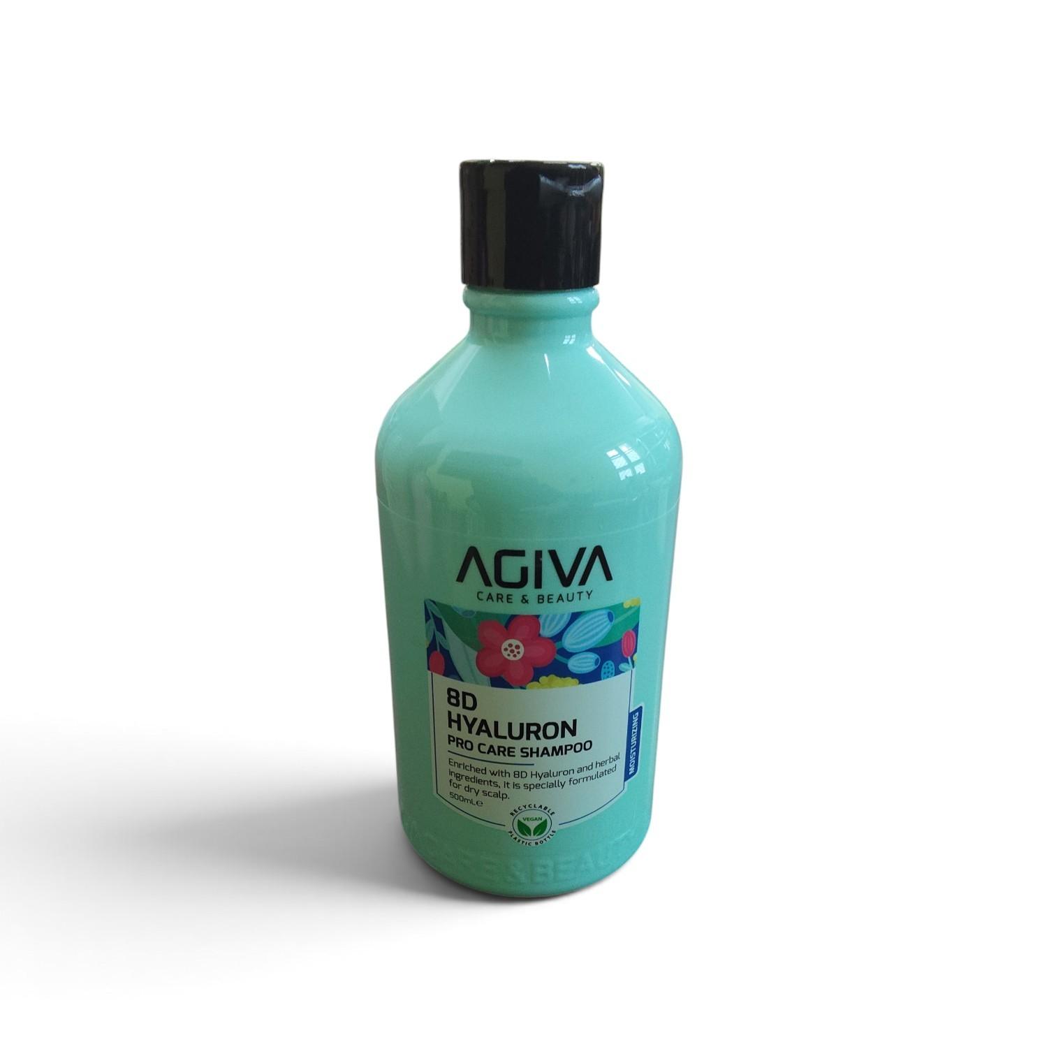 AGIVA 8D Hyaluron Pro Care mitrinošs šampūns ar hialuronskābi un augu izcelsmes sastāvdaļām.